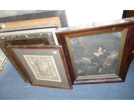 A PRINT IN A 19TH CENTURY ROSEWOOD FRAME and other Victorian framed prints