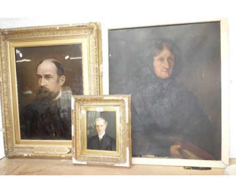 A VICTORIAN OIL ON CANVAS PORTRAIT OF AN OLD LADY, an overpainted photographic portrait of a clergyman and a similar smaller 