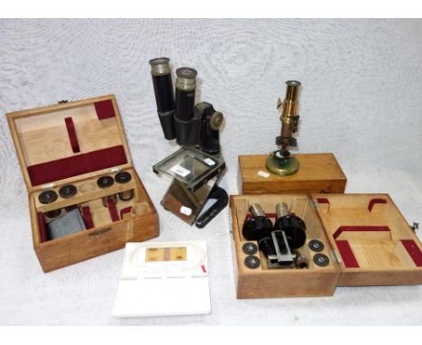 A VINTAGE ERNST LEITZ WETZLAR MICROSCOPE (230123 No13) with two wooden boxes containing other lenses and fittings and a brass