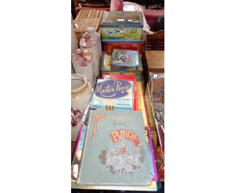 A COLLECTION OF VINTAGE TINS, board games and children's books with annuals