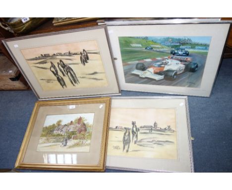 AN EDWARDIAN COTTAGE SCENE, OIL ON BOARD, a pair of signed Michael Turner racing prints, and other pictures