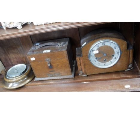 A 1930'S OAK-CASED MANTEL CLOCK, an Edwardian oak-cased barometer and an oak "Edison Bell" crystal radio case (3)