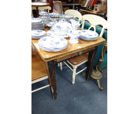 A VINTAGE SCRUB TOP PINE KITCHEN TABLE fitted a single drawer, 121 cm long x 74 cm wide and a yew occasional table