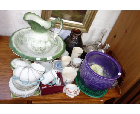 AN EDWARDIAN JUG AND BOWL SET and a collection of ceramics and glassware and a vintage sewing machine