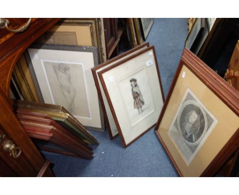 A PAIR OF 19TH CENTURY WATERCOLOURS depicting National Costumes, a collection of life drawings, portrait engravings and other