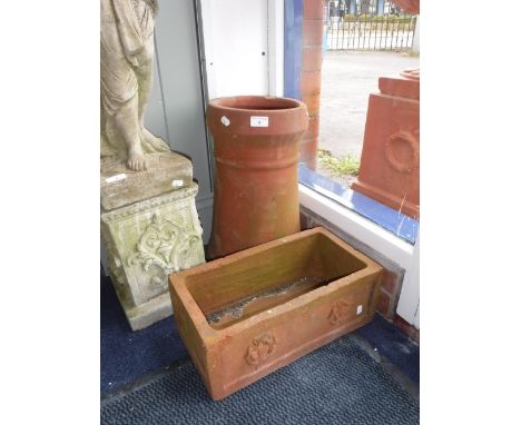 A KINSON POTTERY OF POOLE, TERRACOTTA CHIMNEY POT and a terracotta plant trough 