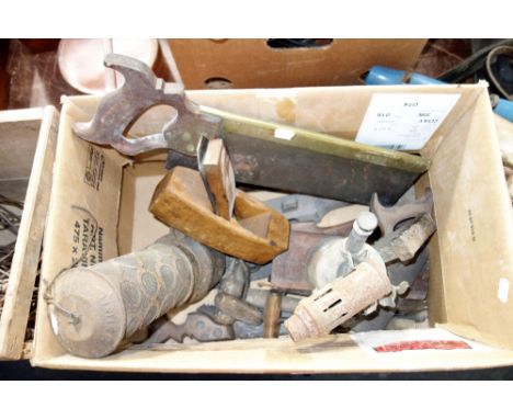 A COLLECTION OF VINTAGE TOOLS, to include wooden planes, a blow lamp and a surveyor's measuring chain 