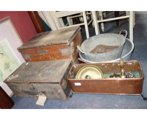 A VINTAGE TIN BOX, a wooden box, a tin bath, jam pan, pictures, a copper planter and sundries