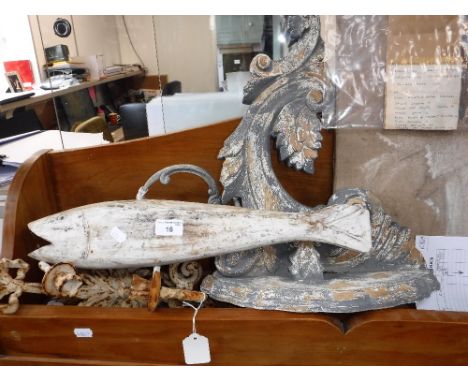 A DECORATIVE WHITE PAINTED CARVED WOODEN FIGURE OF A FISH, a pair of cast-iron wall light brackets and a pair of decorative w