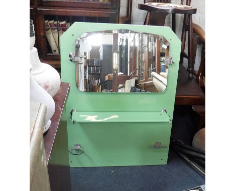 A VINTAGE 1930S 'ART DECO' BATHROOM WALL MIRROR, mounted on green glass, with a fitted shelf,  89 cms high x 63 cms wide