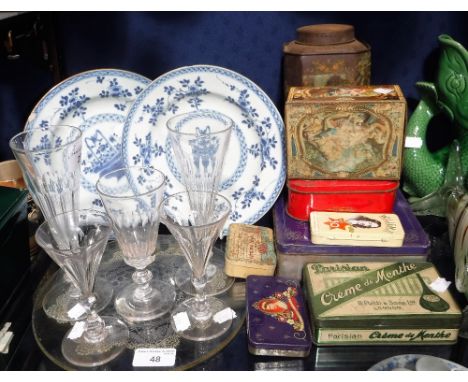 A COLLECTION OF CUT-GLASS DRINKING GLASSES and vintage tins