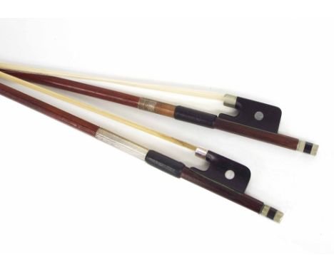 German nickel mounted violoncello bow stamped R. Paesold; also another German nickel mounted violoncello bow faintly stamped 