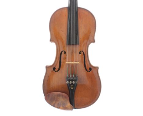 Interesting 18th century violin, unlabelled, the two piece back of faint medium curl with similar wood to the sides and head,