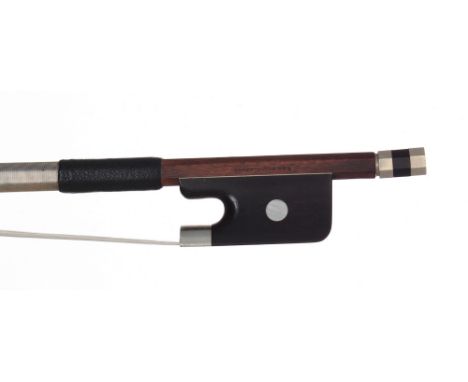 Nickel mounted violoncello bow stamped R &amp; M. Millant á Paris, the stick octagonal, the ebony frog inlaid with pearl eyes