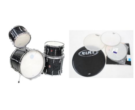 Vintage Premier drum kit, black pearl finish, comprising 20" kick drum, 16" floor tom, 14" rack tom and 12" rack tom; togethe