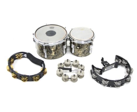 Vintage Premier 8" and 6" bongo drums; together with a Hat Trick Hi-Hat tambourine, a Meinl tambourine and one other (3)