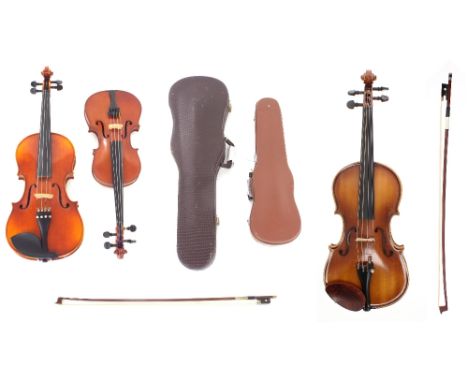 Contemporary viola outfit, bow, case; also a child's violin outfit, bow, case and a contemporary Czechoslovakian three-quarte