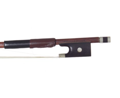 German nickel mounted violin bow by and stamped R. Weichold, Dresden, the stick octagonal, the ebony frog inlaid with pearl e