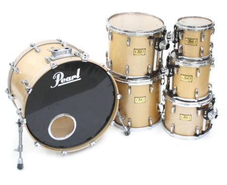 Pearl Masters Studio birch shell six piece drum kit, comprising 22" kick drum, 14" floor tom, 14" rack tom, 12" rack tom, 10"