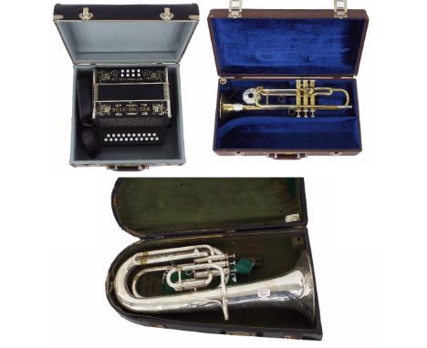 Old F. Besson 'Prototype' silver plated horn, cased; also a B &amp; S Sonora trumpet, cased and a contemporary Weltmeister bu