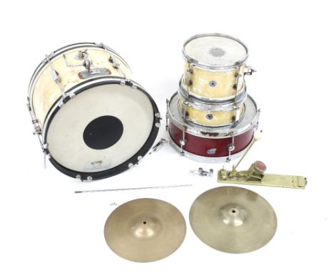 Vintage child's three piece drum kit comprising kick drum, tom, snare, kick pedal and two cymbals; together with a vintage Br