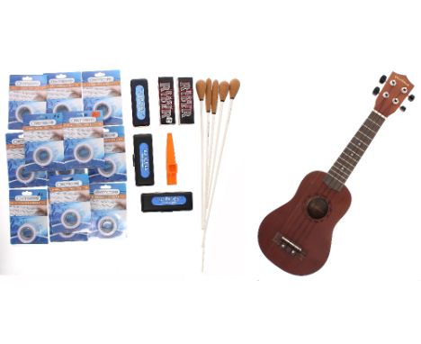 Woodstock ukulele, boxed; together with five harmonicas, a kazoo, five Maestro conductors batons and a quantity of Overscore 