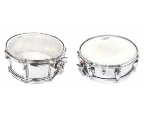 Yamaha 14" snare drum, chrome finish; together with a vintage 14" x 3.5" snare drum, chrome finish, with Ludwig Rockers head 