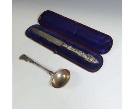 A cased Victorian silver Knife, by John Gilbert, hallmarked Birmingham 1880, with fruit and vine decoration, the handle weigh