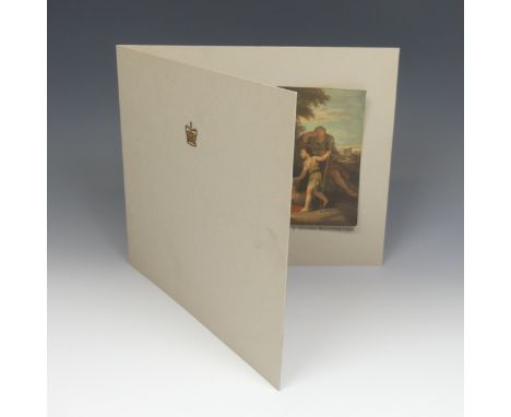 H.M Queen Elizabeth II (1926-2022) signed 1958 Christmas Card, with printed image of The Holy Family, by Ricci, and blue ink 