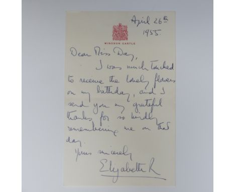 H.M Queen Elizabeth II; A handwritten Letter dated April 26th 1955, on Windsor Castle headed note paper to Kate Day, Her Maje