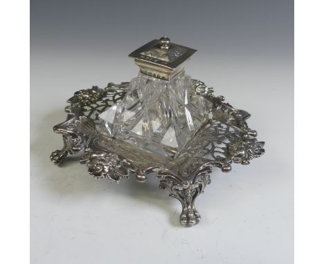 A Victorian silver Inkstand, by Henry Wilkinson &amp; Co., hallmarked Sheffield, 1851, of pierced diamond shape with foliate 