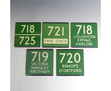 Bus and Coaching Memorabilia; Five London Transport enamel Bus Stop E-Plates, Green Line Route No. 718 with destination 'Loug