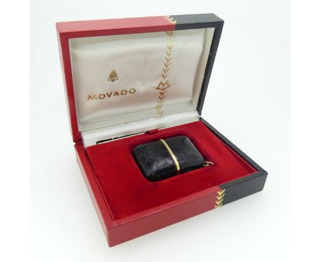 A Movado 'Ermeto' Purse Watch, with leather sliding case, gilt metal mounted silvered dial with gilt baton markers, manual wi