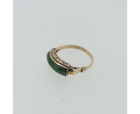 A Chinese jade Ring, the domed rectangular jade plaque mounted in 14ct rose gold with scrolled gallery, resized through marks