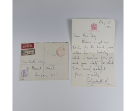 H.M Queen Elizabeth II; A handwritten Letter with envelope dated May 1st 1953, on Windsor Castle headed note paper to Kate Da