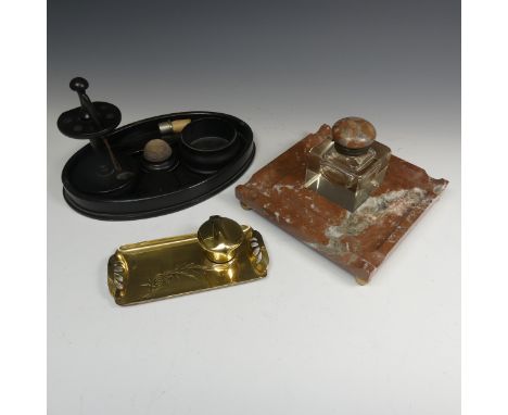 A late 19thC marble Inkstand,&nbsp;of square form with brass ball feet, the centre with square glass inkwell, the hinged cove