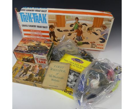 A quantity of vintage toys, including Marx Cap Firing Tank, boxed, Dinky and other diecast military models and vehicles, Batm