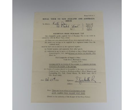 H.M Queen Elizabeth II; The Royal Tour to New Zealand and Australia 1953-54,&nbsp;form N.Z.A. 1 (issued on the authority of t