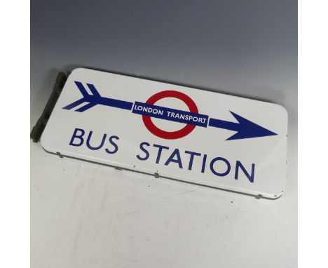 London Transport; A double sided enamel Direction Arrow 'Bus Station' Sign, with bracket,&nbsp;very good condition, colour an