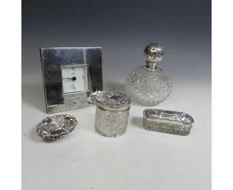 A Continental (800) silver mounted cut glass Scent Bottle, together with a pair of late Victorian silver pin dishes, Birmingh