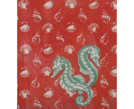 Viola Paterson (1899-1901), block print on fabric, Seahorses, 26cm x 24cm, mounted, glazed and framed. Paterson trained at th