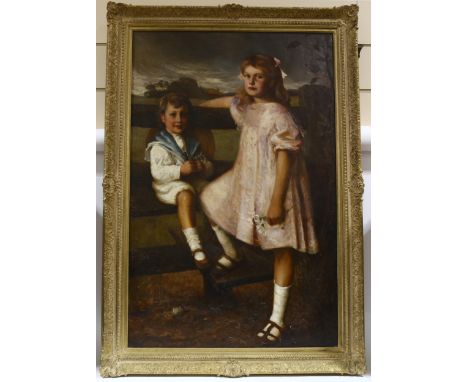 Circle of Fred Morgan (1847/56 - 1927), large scale portrait of 2 children, oil on canvas, unsigned, 130cm x 85cm, framedSmal