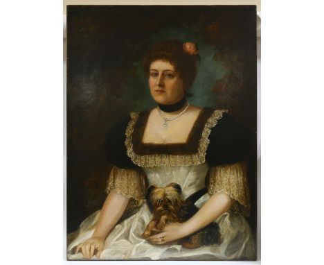 19th century oil on canvas, portrait of a woman with a Terrier, unsigned, 102cm x 76cm, unframedCanvas has been lined, good c