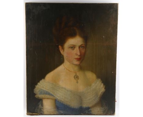 19th century oil on canvas, portrait of a young woman, unsigned, 67cm x 54cm, unframedCanvas has been re-lined, no sign of pr