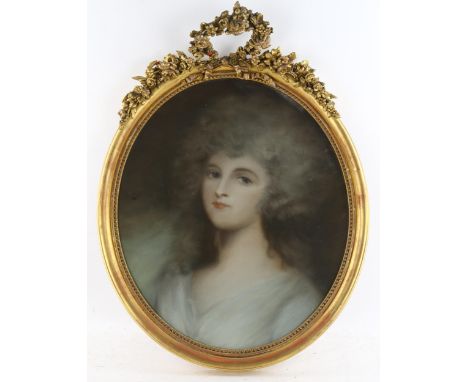19th century oval coloured pastels portrait of a young woman, unsigned, image 52cm x 44cm, framedImage is in very good condit