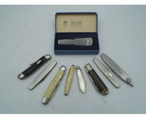 Quantity of folding pocket knives incl a hallmarked silver mother of pearl fruit knife and a boxed Wilkinson Sword Smokers Kn