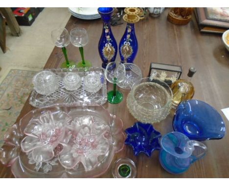 Assorted glassware to incl vanity set, vases, jug, candlestick holder, serving trays etc a/f