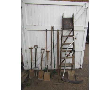 Garden tools including shovels and wooden step ladder (display purposes only)