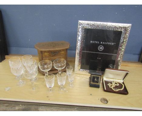 Vintage Swiss travel clock, Pearl necklace and photo frame etc 