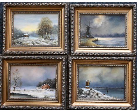 JAY WARD Winter, Moonlight Mill, Winter Light, The Skaters, oils on board, signed, all four  25.5cm x 20cm framed